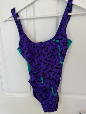 Vtg La Blanca Abstract Geometric High Leg One Piece Swimsuit Purple Teal 80s 90s